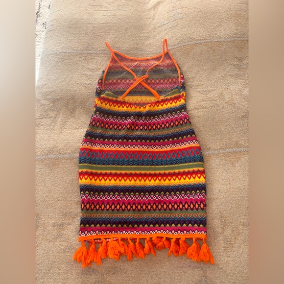 American Eagle Outfitters Multicolor Striped Mini Dress with Orange Fringe - Picture 2 of 2